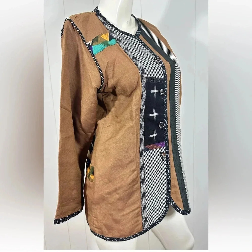 Lynn Murray Brown Colorful Wearable Art Applique Patches Jacket Coat Sz 4 - Picture 3 of 8